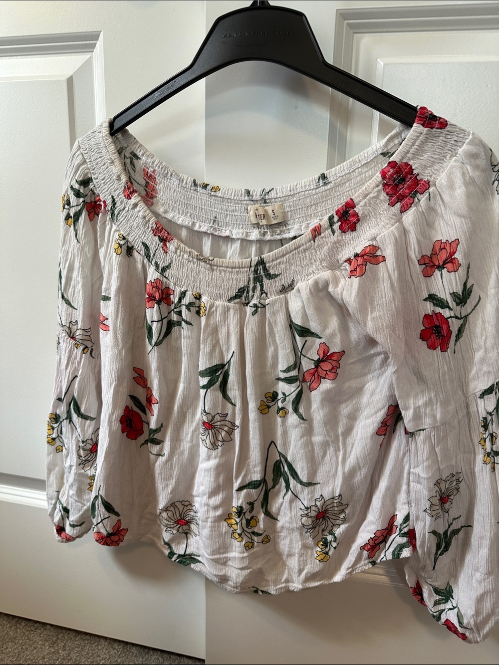 Hollister White Floral Off-Shoulder Top with Red & Green Print